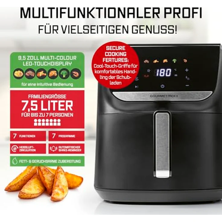 GOURMETmaxx Heißluftfritteuse AirGenius, 7,5 l - Mattschwarz, farbiges LED-Touchdisplay, 7 Programme, 1700 Watt, 360° Heißluftzirkulation – Bild 3