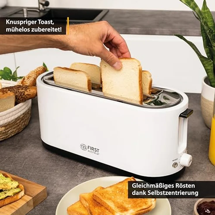 TZS First Austria - Toaster 4 Scheiben Langschlitz 1400W mit Krümelschublade | Brötchenaufsatz | wärmeisoliertes Gehäuse, Temperatureinstellung, Edelstahlgehäuse, Auftaufunktion, Brotzentrierung – Bild 3