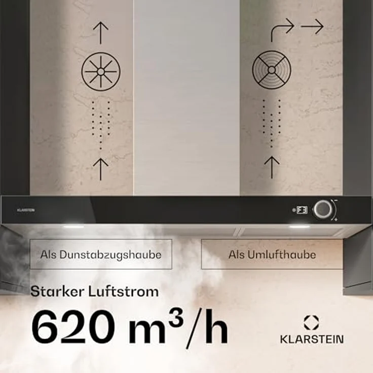 Klarstein AirNova Dunstabzugshaube - 90 cm Wandhaube, 628 m³/h Luftstrom, A++ Energieeffizienz, LED 6500 K, 68 dB, Edelstahl, Tastensteuerung, Umluft & Abluft – Bild 4