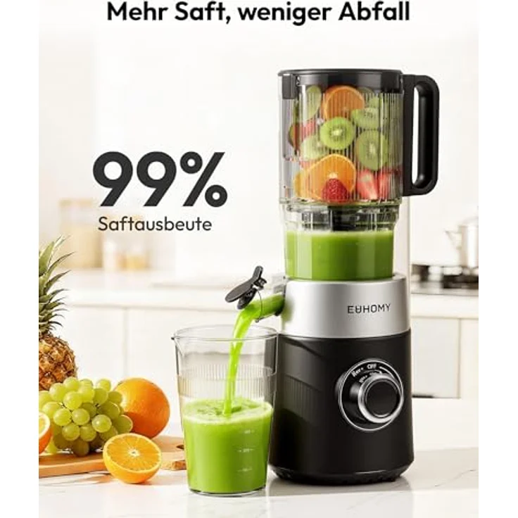 EUHOMY Slow Juicer, Kaltpress-Entsafter für ganze Gemüse und Obst, 135 mm XL-Einfüllschacht, 1,8 Liter Behälter, 220W leiser Motor – Bild 3