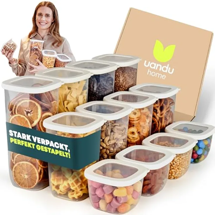 UANDU Vorratsdosen mit Deckel Luftdicht Set - 12 Mix-Weiß, BPA frei, Küchenorganizer, stapelbar, inklusive beschrifteter Etiketten