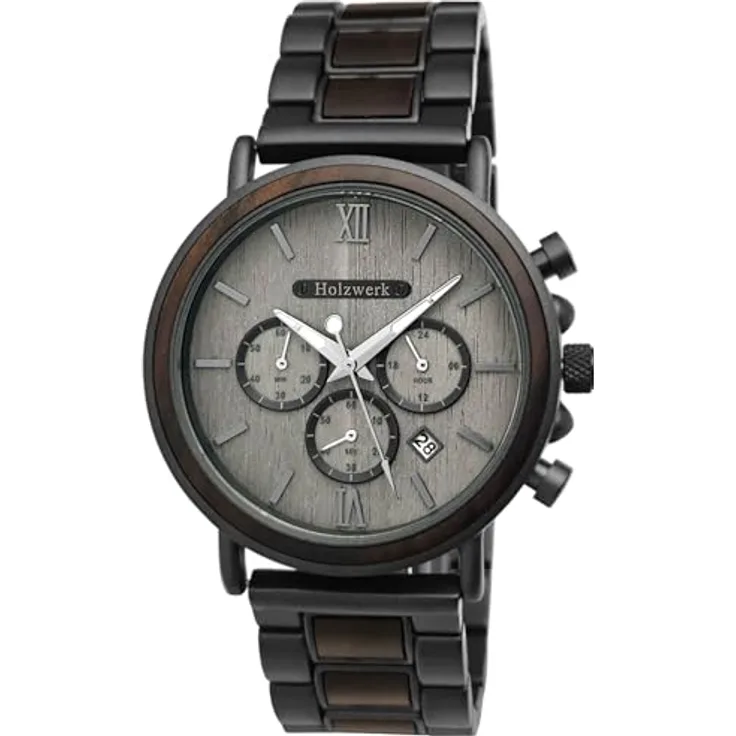 Holzwerk Germany Handgefertigte Designer Herren-Uhr Chronograph Armband-Uhr Quarz-Uhr Braun Schwarz Grau Römische Ziffern Datum Holz