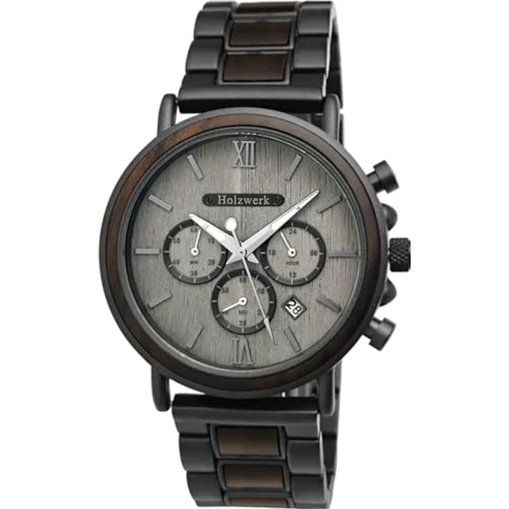 Holzwerk Germany Handgefertigte Designer Herren-Uhr Chronograph Armband-Uhr Quarz-Uhr Braun Schwarz Grau Römische Ziffern Datum Holz – Bild 1