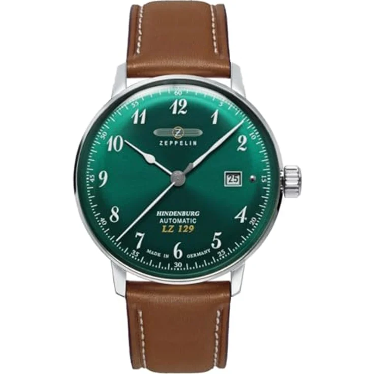 Zeppelin 8056-4 Hindenburg Automatik Herrenuhr, Edelstahl Silberfarben, Grünes Zifferblatt, Lederband Braun, 5 ATM wasserdicht – Bild 1