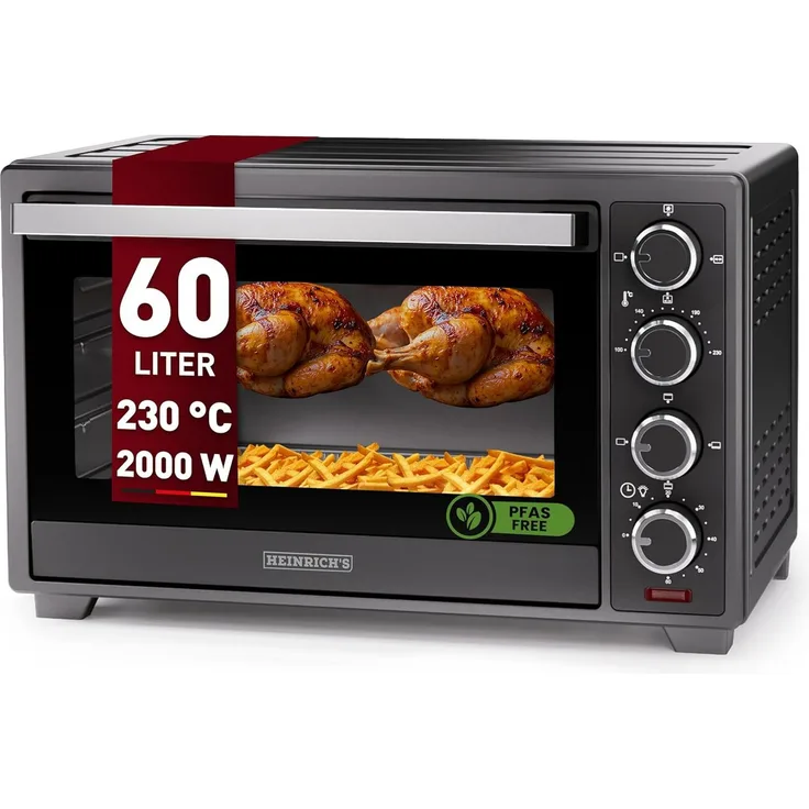 Heinrich´s HMO 8407, Minibackofen mit Umluft, 60L, 2000W, Drehspieß & Airfryer-Funktion, Timer