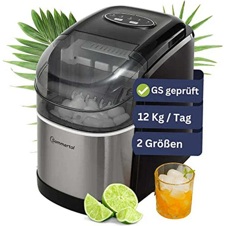 Sommertal Eiswürfelmaschine EM12C - Ice Maker mit schneller Eisherstellung ab 6 Minuten, 12kg pro Tag, 2 Würfelgrößen, mit Schaufel & Entnahmekorb - Eiswürfelbereiter, Eiswürfelmaschine klein – Bild 1
