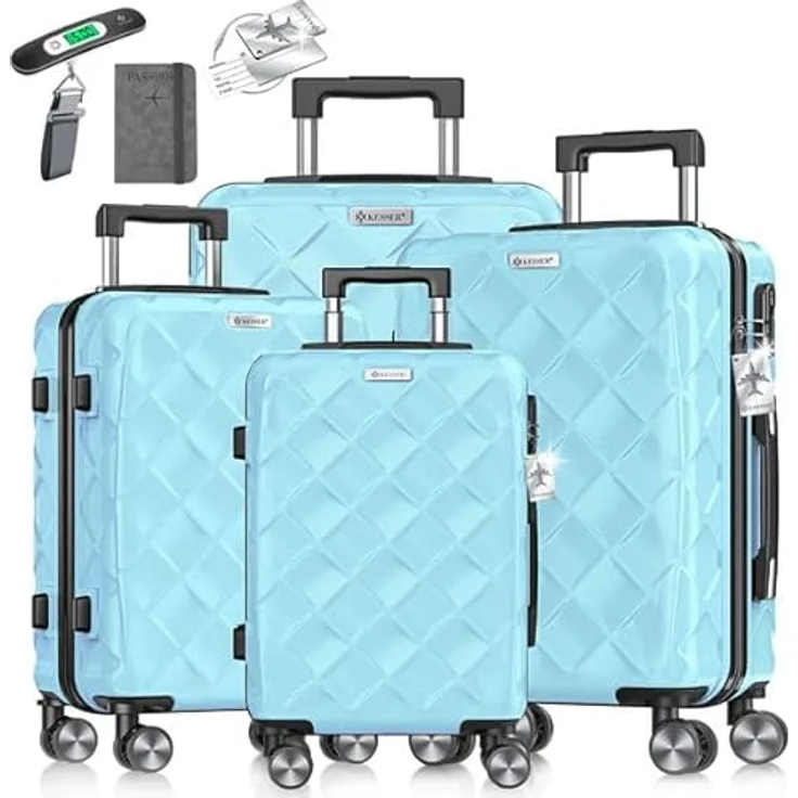 KESSER® Reisekoffer Set 4-teilig, ABS Hartschalenkoffer mit Zahlenschloss, Kofferwaage & Reisebrieftasche, 360° Rollen, Handgepäck & große Koffer, Sky Blue – Bild 1