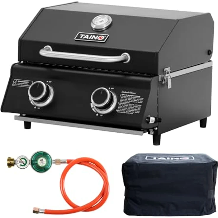 TAINO PLATINUM COMPACT DARK Tischgrill Set, tragbarer Gasgrill mit 2 Edelstahlbrennern, Abdeckhaube und Gasdruckregler, ideal für Camping und Balkon – Bild 1