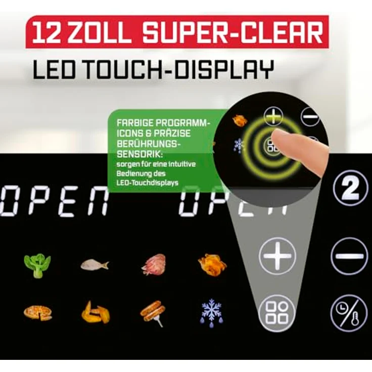 GOURMETmaxx FryUp XL, vertikale Doppelkammer Heißluftfritteuse mit 12 L und Sichtfenster, 2800 W, schwarz, mit 9,6 Zoll Multi-Colour LED-Touchdisplay & 12 Programmen – Bild 4