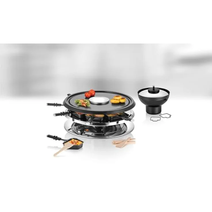 Unold 48926 Raclette Multi 4 in 1 inkl. Raclette Rezeptbuch mit 50 Rezepten | Raclette-Grill für 8 Personen, wendbarer Antihaft-Grillplatte, Edelstahl/Schwarz, 1300W – Bild 5