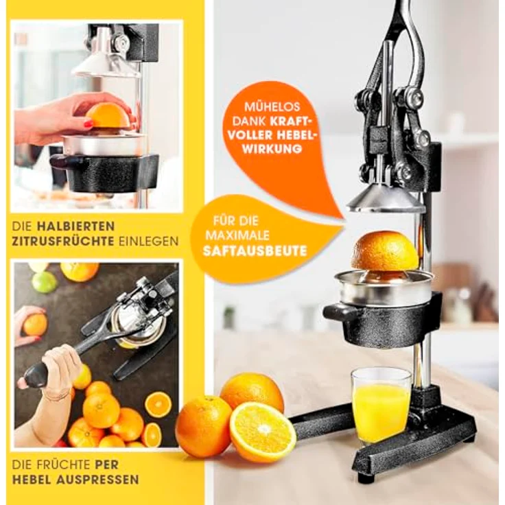 Lumaland Entsafter | Gusseisen Handpresse – müheloses Entsaften von Zitrusfrüchten | Leise Orangenpresse für Gemüse und Obst | Slow Juicer – pflegeleicht | Schwarz – Bild 4