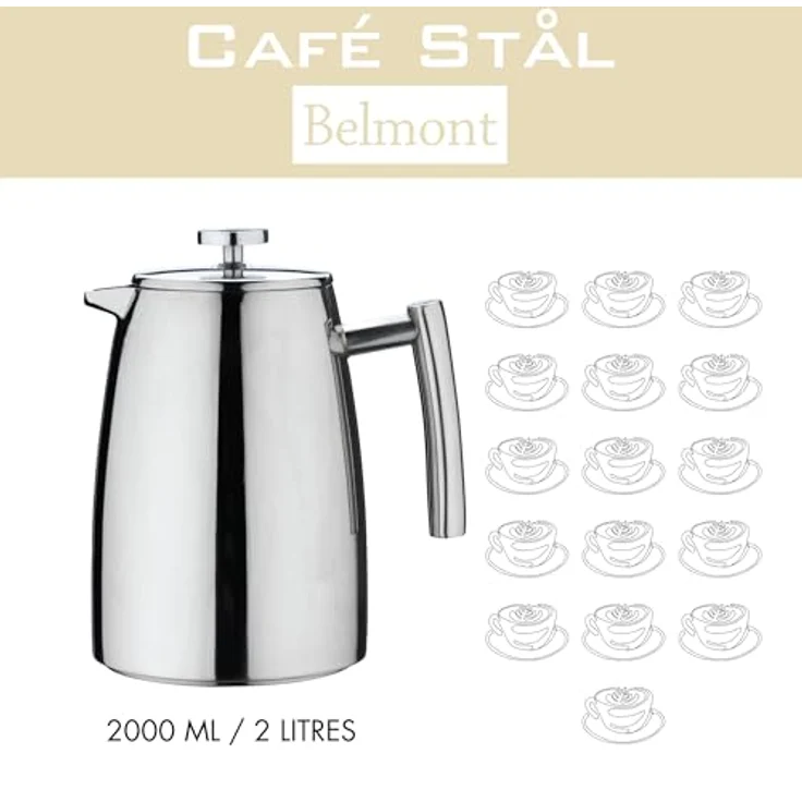 Café Stål Belmont Doppelwandiger Kaffeebereiter aus hochwertigem 18-10 Edelstahl ? 16 Mokktassen, 2L, Hochglanzpolitur, Tamper – Bild 9