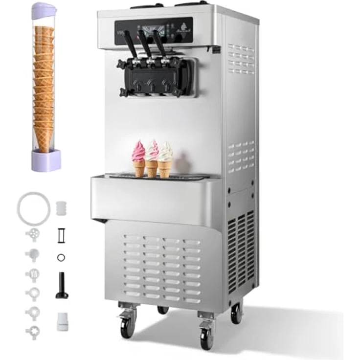 VEVOR Freistehende Softeismaschine YKF-9236, 2200 W, 20-28 L/h, 3 Aromen, 2 x 6-Liter-Behälter, Vorkühlung, Warnfunktion bei niedrigem Mischungsstand – Bild 1