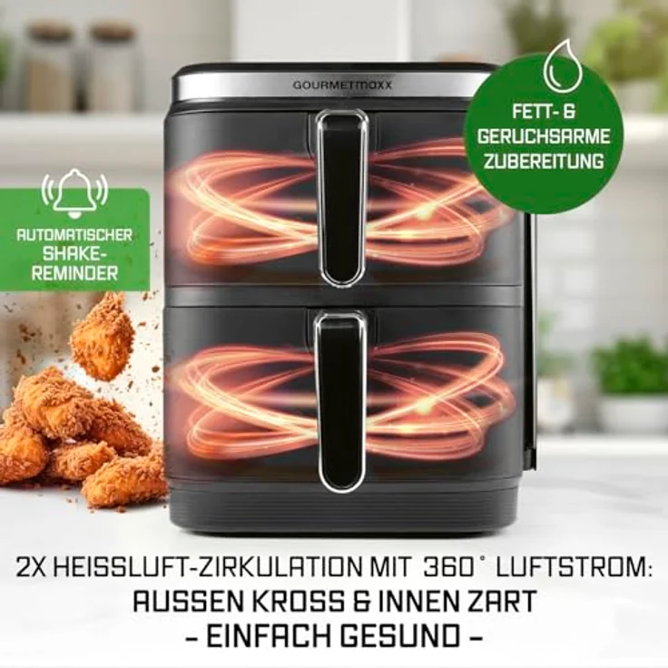 GOURMETmaxx FryUp Vertikale Doppelkammer Heißluftfritteuse 10 Liter | 4 Speisen auf 4 Ebenen | klappbares Touchdisplay | 32% platzsparender | Schwarz – Bild 5