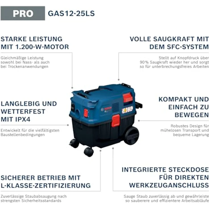 Bosch Professional GAS12-25LS, Nass-/Trockensauger 1200W mit SFC-System und IPX4-Schutz – Bild 3