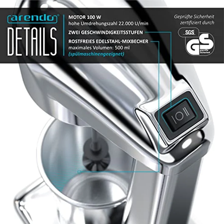 Arendo Drink Mixer, elektrischer Standmixer mit 500 ml Becher, 22.000 U/min, 2 Geschwindigkeitsstufen, für Protein Drinks, Smoothies, Milchshakes und Cocktails – Bild 3