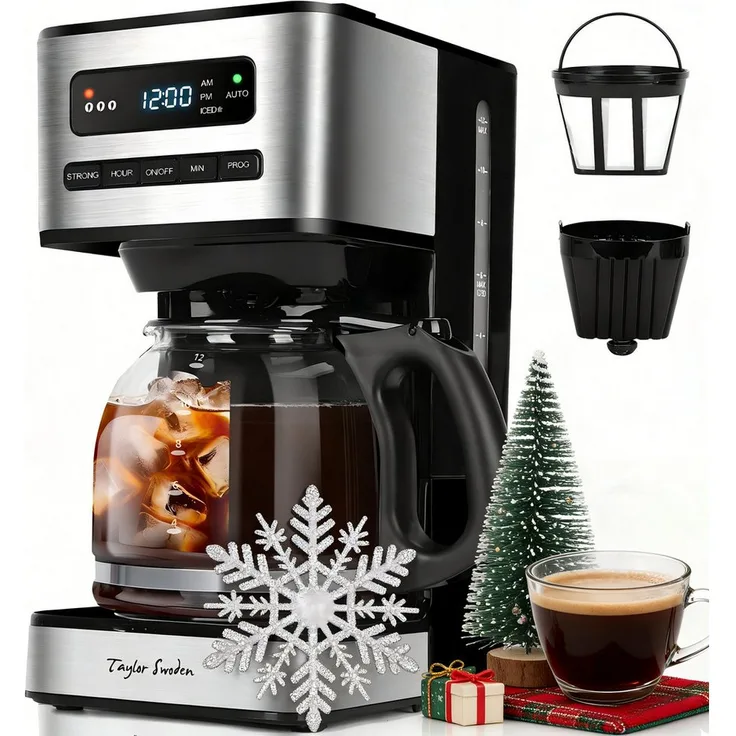Taylor Swoden Filterkaffeemaschine 1,8L mit 24H Timer, Eiskaffee-Modus, 3-stufige Stärkeauswahl, automatische Reinigung, inklusive wiederverwendbarem Filter