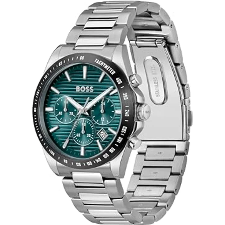 BOSS Strike Chrono, Chronograph Quarz Uhr für Herren mit grünem Sonnenstrahl-Zifferblatt und silbernem Edelstahlarmband, 41 mm, 5 ATM wasserfest, 1514241 – Bild 2