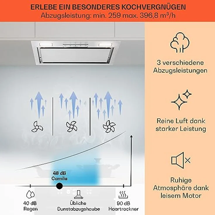 Klarstein Dunstabzugshaube 52cm, Abluft-Dunstabzugshaube mit Spülmaschinenfestem Aluminium Filter, Leise Abzugshaube für Abluft, 397 m³/h Luftstrom, Wandhauben mit LEDs, Dunstabzug zur Wandmontage – Bild 3