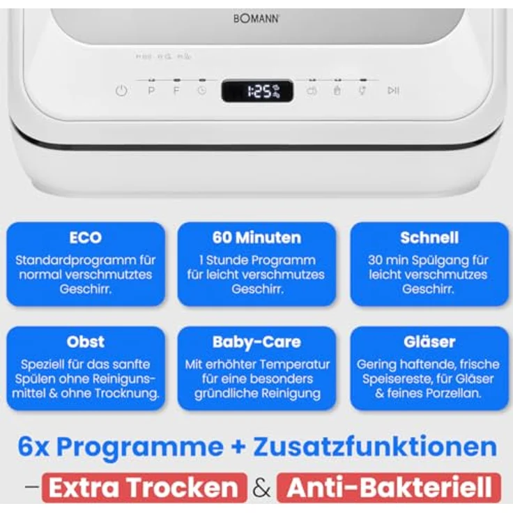 Bomann® TSG 5704 Tischgeschirrspüler, Mini Geschirrspüler mit integriertem Wassertank, 6 Programme, 36-70°C, Camping Spülmaschine, silbergrauer Geschirrkorb – Bild 6
