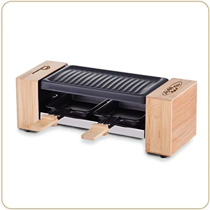 LITTLE BALANCE 8618 Raclette 2 Meuuh…, Raclettegerät für 1 / 2 Personen, abnehmbarer Grill, 2 Spatel + 2 Brettchen, Antihaftbeschichtung, 1 oder 2 Personen, 320 W, Bambus
