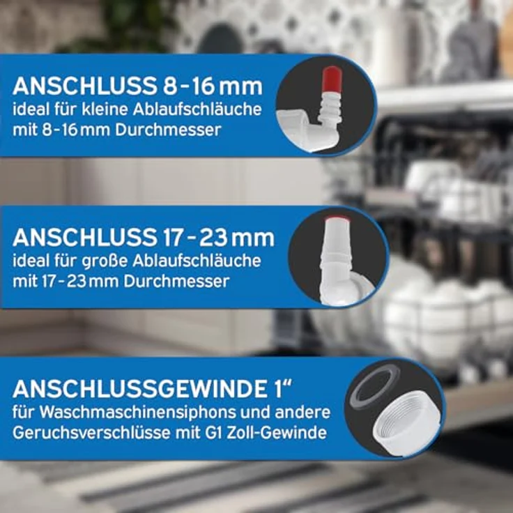 kör4u Doppelanschluss G1 Zoll P149Z, Siphonanschluss für Waschmaschine, Geschirrspüler, Trockner, mit Klappen und zwei Schlauchanschlüssen 8-16 mm und 17-23 mm, robustes Polypropylen – Bild 5
