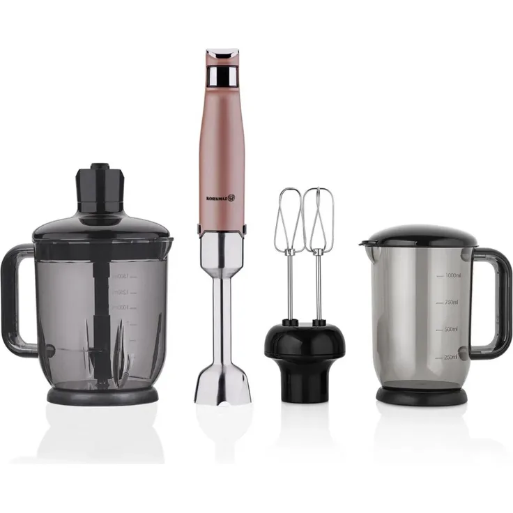 Korkmaz Performix Mega Mixer-Set, 1000W Edelstahl 18/10, in Rosegold mit Trigger-gesteuerter Geschwindigkeitsregelung, 1500 ml Mixbecher und umfangreichem Zubehör