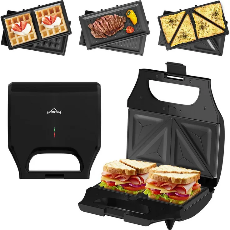 HOMELUX 3-in-1 Sandwichmaker, Sandwich-Toaster, Waffeleisen und Grill, 800 W, ultracompact, antihaftbeschichtet, einfache Reinigung