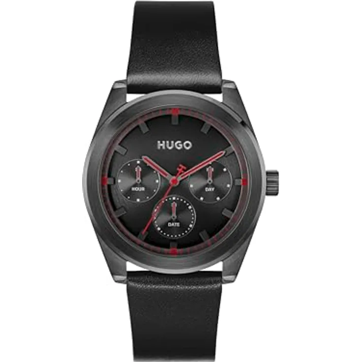 HUGO Multi Zifferblatt Quarz Uhr für Herren #Bright Sport, 42MM Edelstahlgehäuse, schwarzes Lederarmband, 5 ATM wasserdicht - 1530423