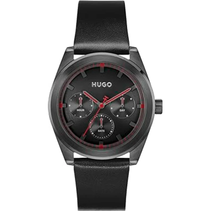 HUGO Multi Zifferblatt Quarz Uhr für Herren #Bright Sport, 42MM Edelstahlgehäuse, schwarzes Lederarmband, 5 ATM wasserdicht - 1530423 – Bild 1