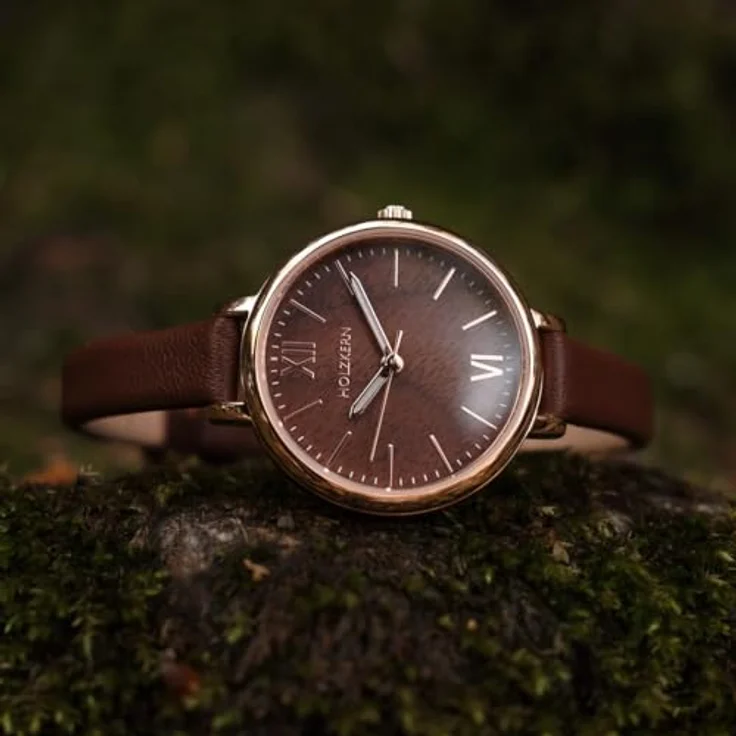 HOLZKERN Damenuhr Quarz Shirin, Braun/Roségoldfarben, Lederarmband mit Dornschließe, Mineralglas, analog mit römischen Ziffern – Bild 4