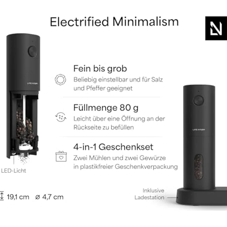 LARS NYSØM Gewürzmühle Spænding, elektrisches Salz- und Pfeffermühlenset mit Einhandbedienung, 2er Pack – Bild 5