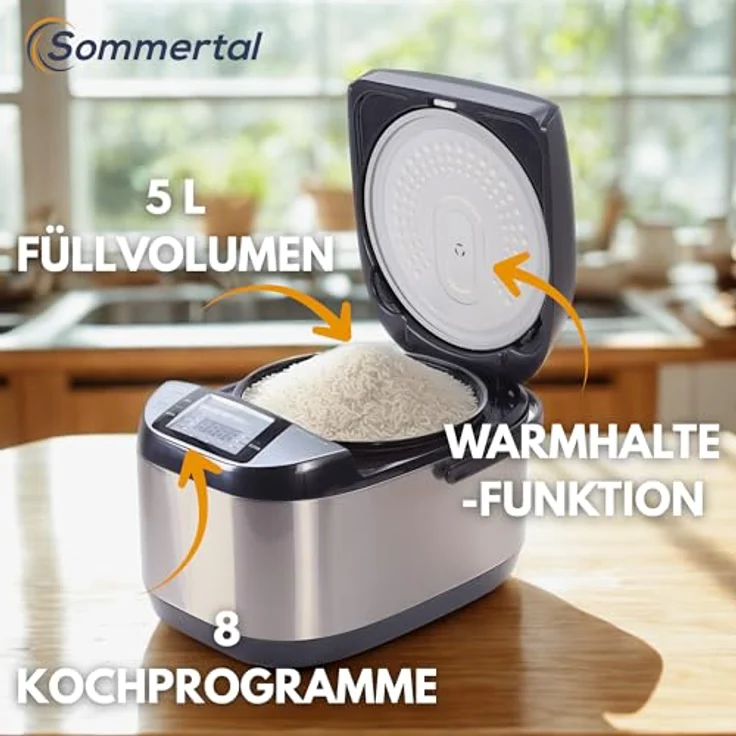 Sommertal Reiskocher RK50, 5 Liter elektrischer Multikocher mit 3D Heizsystem, Timer, Warmhaltefunktion & Touch Bedienung für Sushi Reis – Bild 2