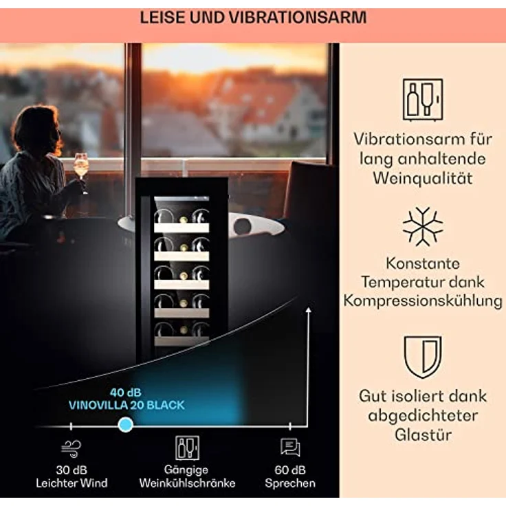Klarstein Vinovilla 20 Weinkühlschrank, freistehend, schwarz, 20 Flaschen, Glastür, Energieklasse F – Bild 5