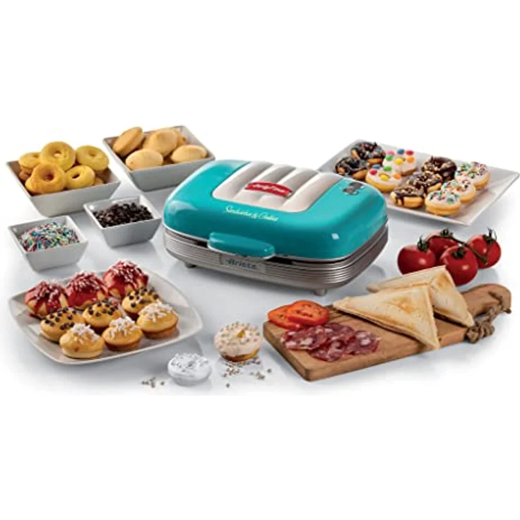 Ariete 1972 Sandwiches & Cookies Party Time, Elektrische Multifunktionsplatte, 700 Watt, 3 antihaftbeschichtete und auswechselbare Platten, Hellblau – Bild 3