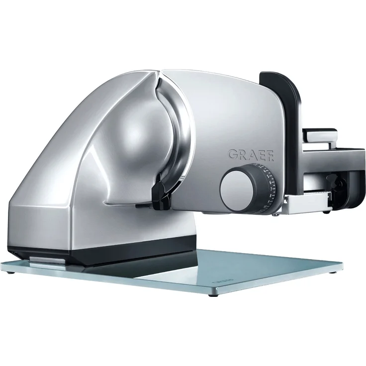 Graef M 90 EU Master Schneidemaschine aus Metall, freitragend, glattes Vollstahlmesser, 170W, Moment- und Dauerschalter, inkl. MiniSlice-Aufsatz, Edelstahltablett, Kippschneider 30°, 170 mm, glattes, durchgehärtetes Vollstahlmesser, silber – Bild 1