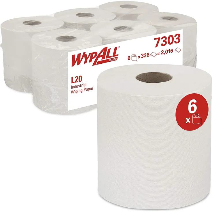 WYPALL L20 EXTRA Wischtücher, Zentralentnahme, 7303 – 6 Rollen x 300 weiße, 2-lagige Blätter