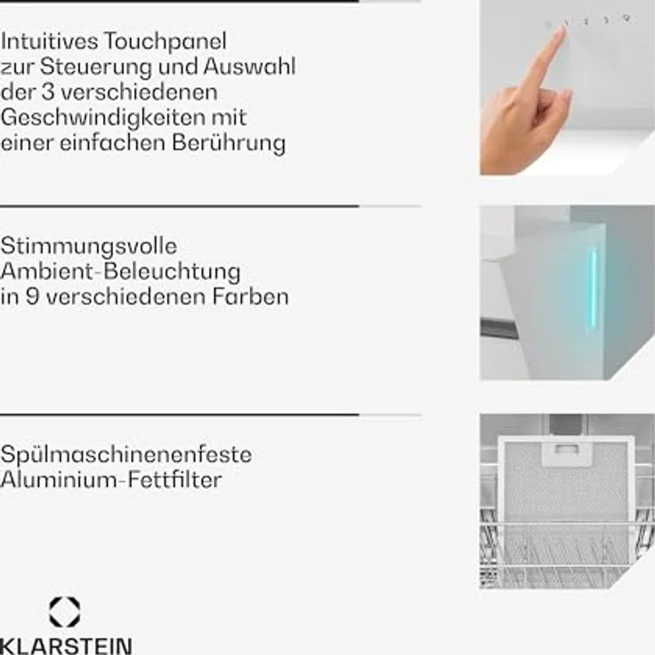 Klarstein Alina Dunstabzugshaube – 540 m³/h, Touch-Bedienfeld, LED-Beleuchtung, Energieeffizienzklasse A, 3 Leistungsstufen, Umluftbetrieb, Schwarz, Wandhaube – Bild 6