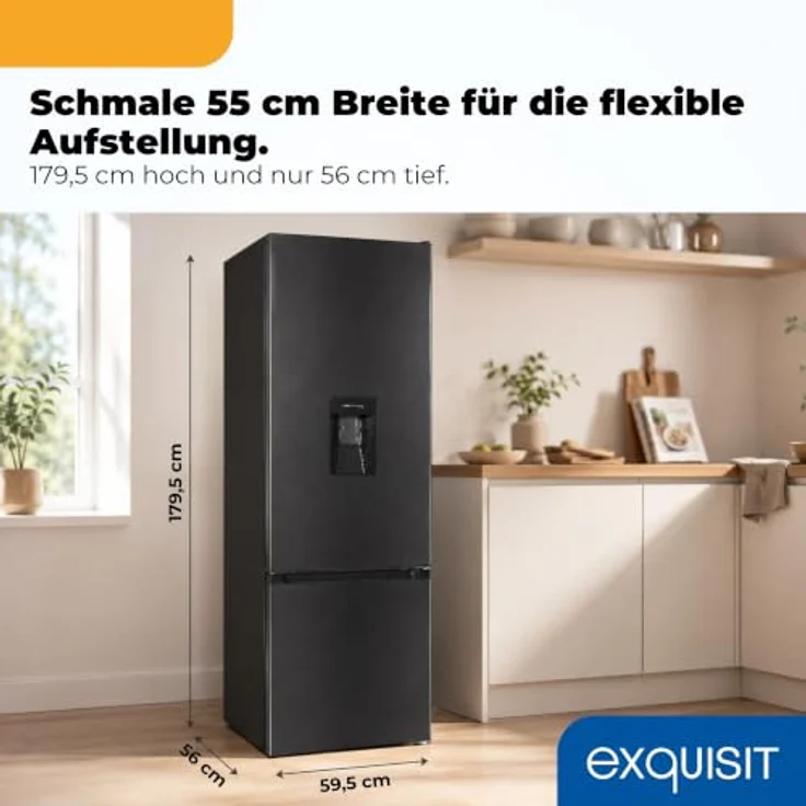 Exquisit KGC5265-70-WS-040E, Kühl-Gefrierkombination 260 l mit Wasserspender, 71 l Gefrierfach, Energieklasse E, LED-Beleuchtung, schwarz – Bild 3