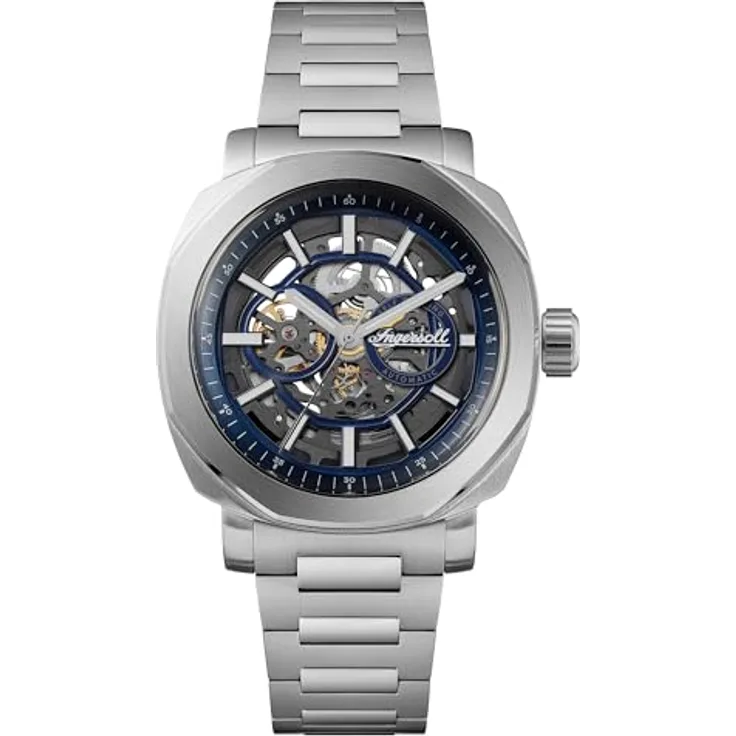Ingersoll The Outrider, Herren Automatikuhr 44mm mit blauem Zifferblatt, Edelstahlarmband und kratzfestem Mineralglas