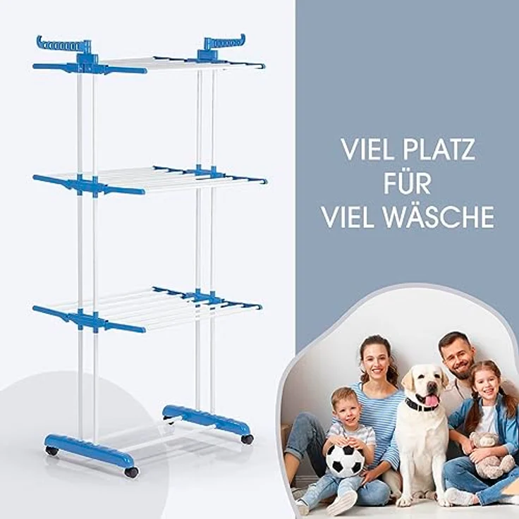 EASYmaxx Klappbarer Wäscheständer | Effizientes Trocknen mit 3 Ebenen & 2 Seitenflügeln | Mobil & Platzsparend für drinnen und draußen, blau – Bild 3