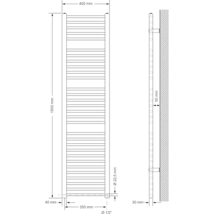 LuxeBath Badheizkörper 400x1800 mm, Weiß, Gerade mit Seitenanschluss und 687 Watt Wärmeleistung – Bild 2
