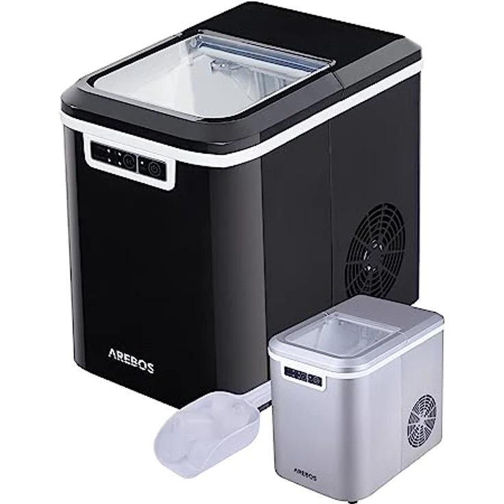 Arebos Eiswürfelmaschine | Ice Cube Maker | 12 kg / 24 h | 10-15 Minuten Produktionszeit | 2 Eiswürfel-Größen | 2,2 Liter Wassertank | Eiswürfelbereiter | Leise | Selbstreinigungsfunktion | Schwarz – Bild 1