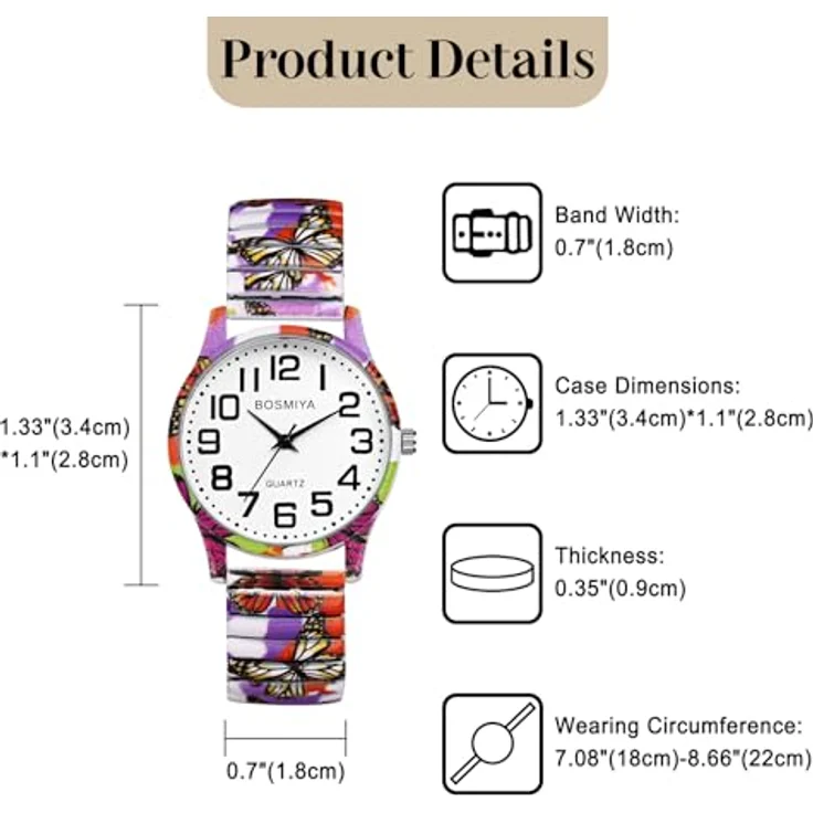 JewelryWe Boho Damenuhr, Elastische Uhr im Schmetterlingsdesign mit Edelstahl Zugarmband und großen arabischen Ziffern, Analog Quarzwerk, lilafarben – Bild 5