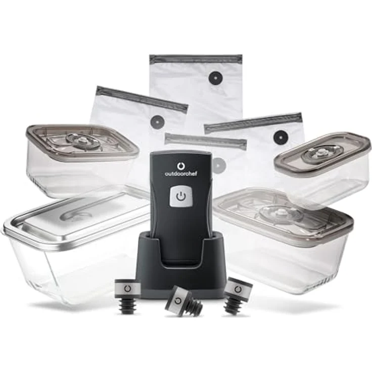 Outdoorchef Easy BBQ Vac, kabelloser Hand-Vakuumierer mit 12 l/min, 4 Glasbehältern (500-2600 ml), 18 Zip-Beuteln, 3 Flaschenverschlüssen & USB-Ladestation - ideal für Frische & Sous-Vide – Bild 1