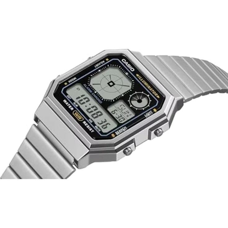 Casio Armbanduhr Digital Edgy Collection, Edelstahlarmband, silberfarben, mit Stoppuhr, Alarm, Beleuchtung und Kalender, A130WE-1AEF – Bild 3