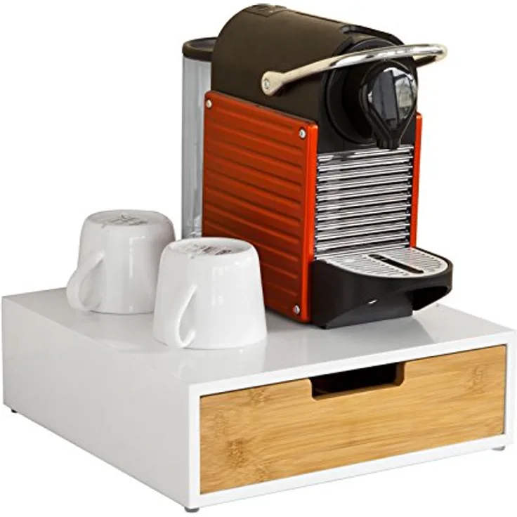 SoBuy FRG179-WN Kaffeekapsel Box aus MDF und Bambus Kapselspender Kapselhalter, Monitorständer mit Schublade, schlichtes Design, ideal für Kapseln und Schreibwaren, belastbar bis 20kg
