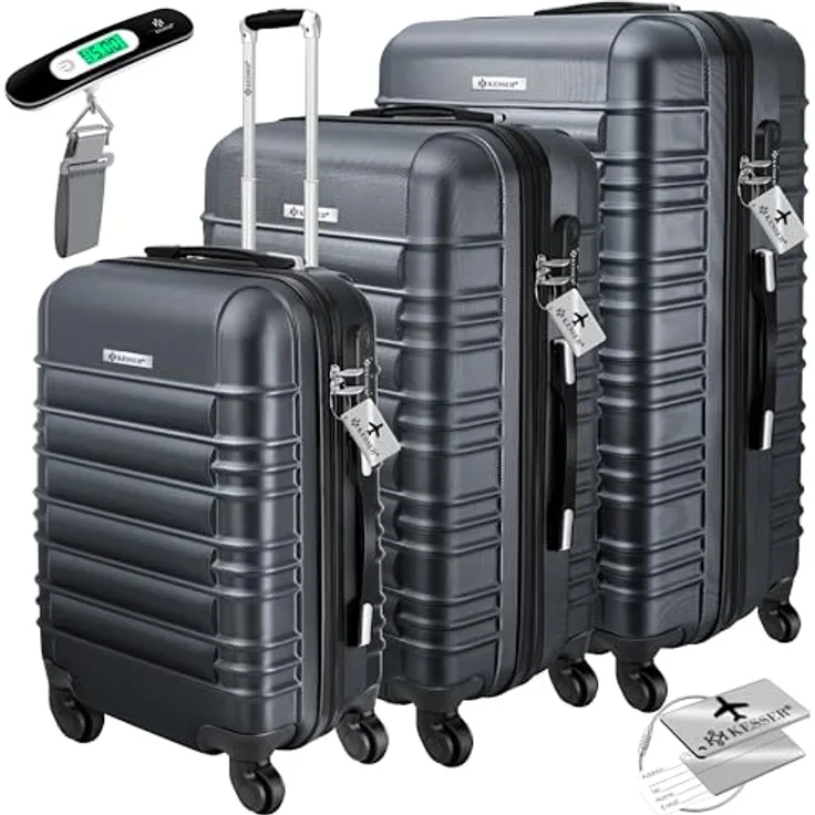 KESSER® 3tlg. Hartschalenkofferset Hard Shell Basic Hartschalenkoffer Trolley Koffer Reisekoffer Reisekofferset Gepäck Rollkoffer Schloss 4 Rollen ABS-Hartschale Teleskopgriff M-L-XL, Anthrazit