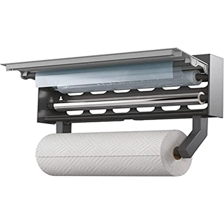 Metaltex Tango. Dreifach-Wandrollenhalter für die Küche aus Edelstahl. Industrieller Spender für Küchenpapier, Alufolie und Frischhaltefolie mit Stauraum. Abmessungen 38 x 6 x 17 cm. – Bild 1