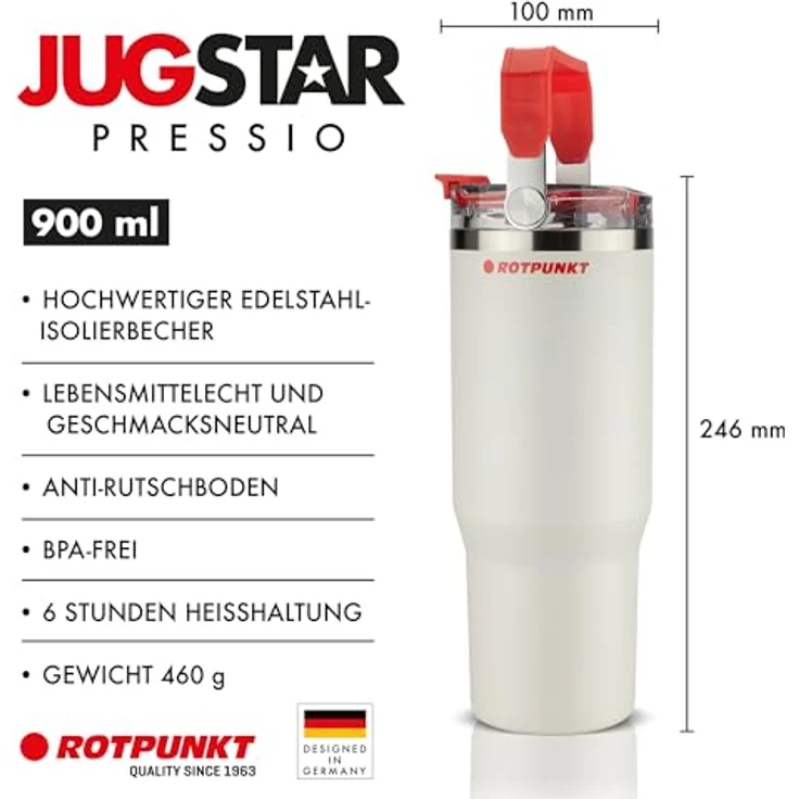 ROTPUNKT Thermobecher Edelstahl 500 ml, Isolierbecher mit Strohhalm & Click & Go Trinköffnung, auslaufsicher, BPA-frei, klappbarer Tragegriff, white – Bild 3